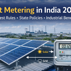Net metering in India 2026 showing industrial solar rooftop system with grid connection and bi directional energy flow